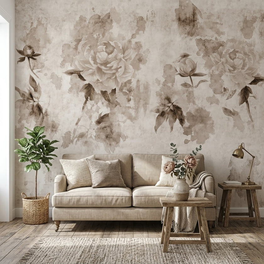 Vintage Duvar Üzerinde Zarif Sepya Şakayık Buketi ve Soft Suluboya Çiçekler Duvar Kağıdı