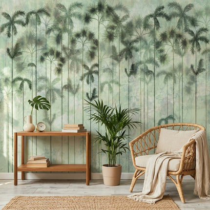 Zarif Vintage Palmiye Korusu ve Retro Orman Silueti Duvar Kağıdı – Pastel Fon