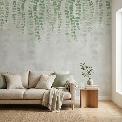 Soft Minimalist Okaliptüs Yaprakları Duvar Kağıdı – Mint Yeşili Fon