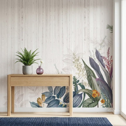 Zarif Vintage Botanik Kenarlık Duvar Kağıdı – Beyaz Ahşap Görünüm Fon