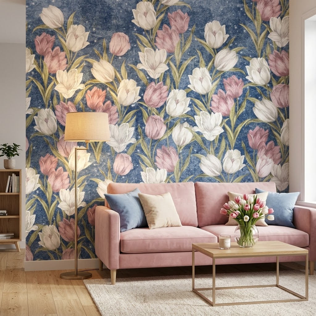 Romantik Pastel Lale Bahçesi Duvar Kağıdı – Derin Mavi Fon