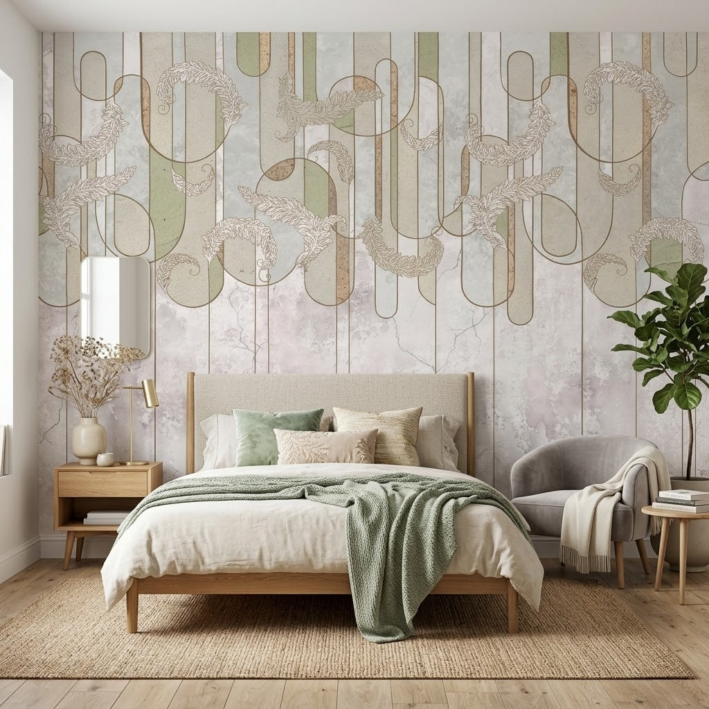 Zarif Art Deco Tüy ve Geometrik Çizgiler Duvar Kağıdı – Pastel Fon