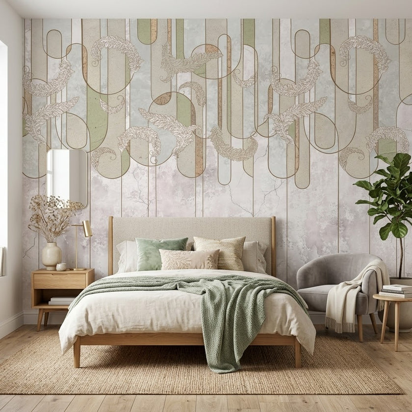 Zarif Art Deco Tüy ve Geometrik Çizgiler Duvar Kağıdı – Pastel Fon