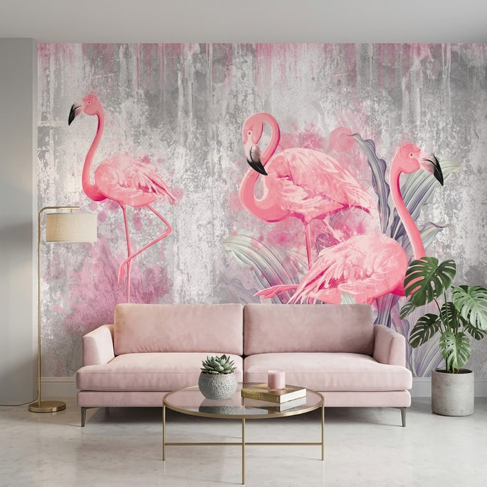 Rüya gibi Pembe Flamingolar Duvar Kağıdı – Gri Fon
