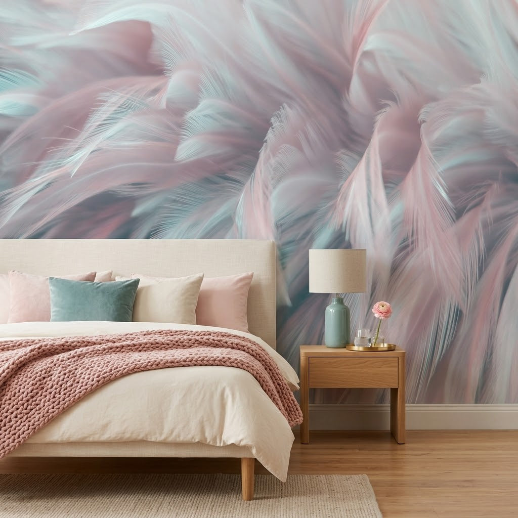 Eterik Tüyler Duvar Kağıdı – Pastel Pembe ve Turkuaz Fon