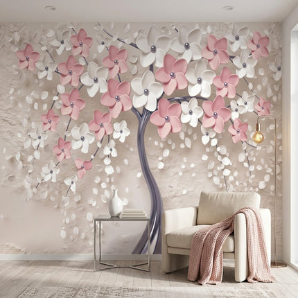 Zarif 3D Kiraz Çiçeği Sakura Ağacı Duvar Kağıdı – Bej Duvar Fon