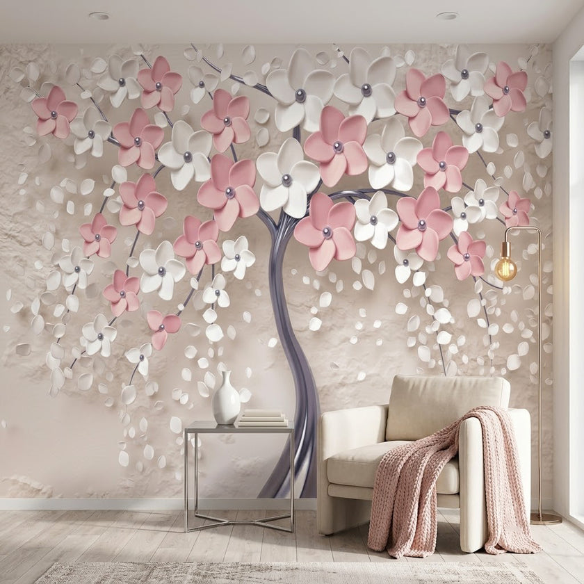 Zarif 3D Kiraz Çiçeği Sakura Ağacı Duvar Kağıdı – Bej Duvar Fon