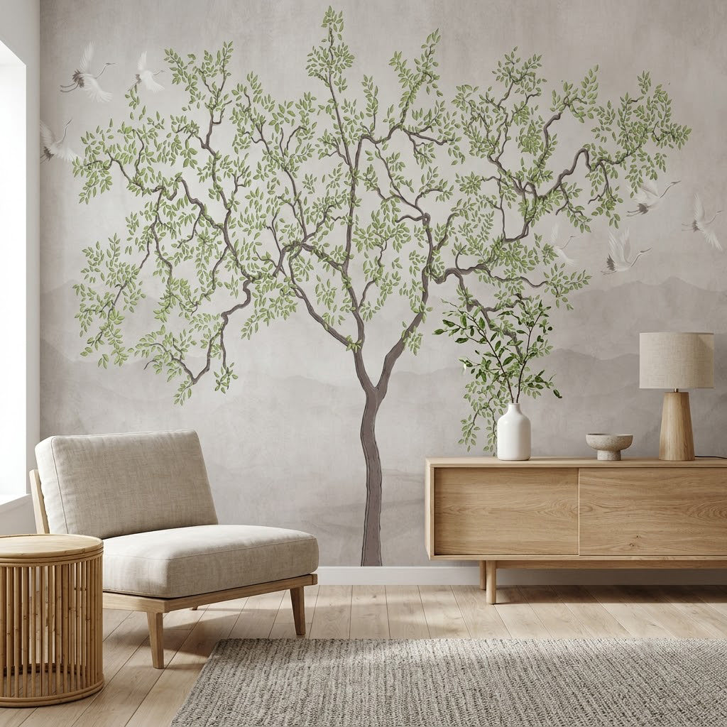 Huzurlu Bonsai Ağacı ve Turnalar Duvar Kağıdı – Sisli Gri Fon
