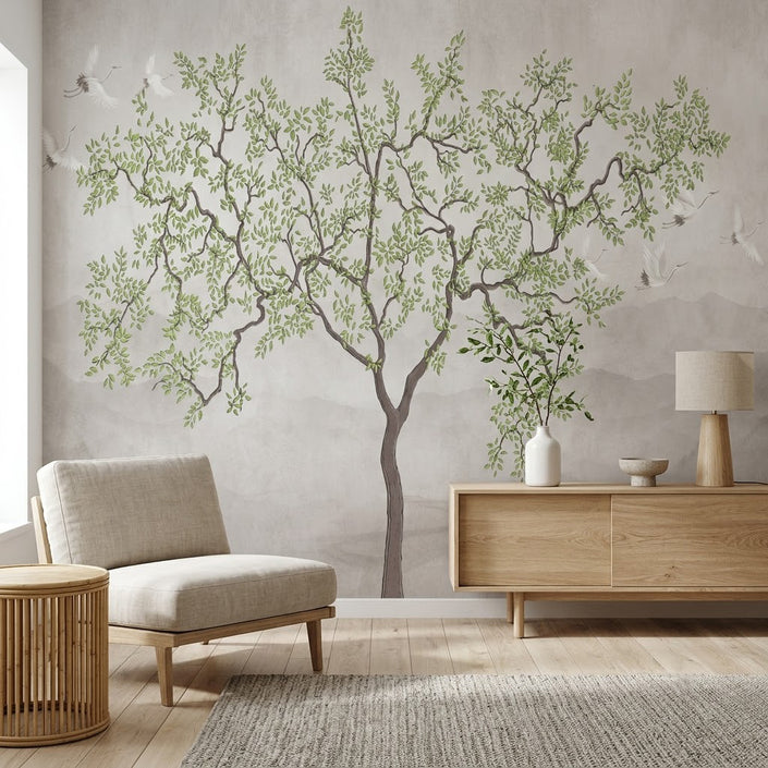 Huzurlu Bonsai Ağacı ve Turnalar Duvar Kağıdı – Sisli Gri Fon