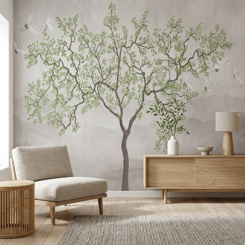 Huzurlu Bonsai Ağacı ve Turnalar Duvar Kağıdı – Sisli Gri Fon