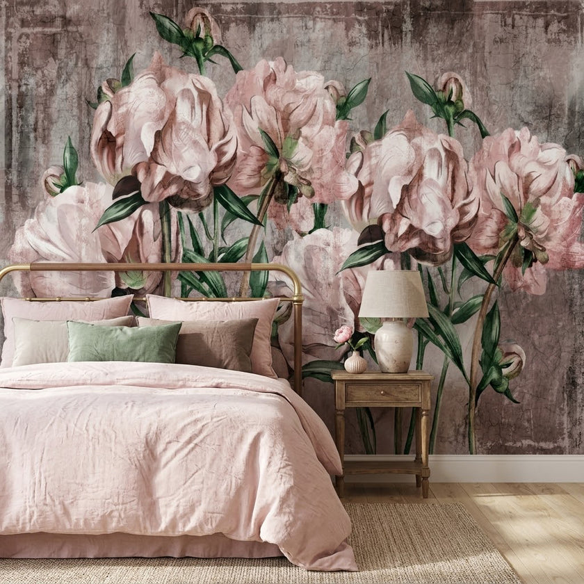 Romantik Vintage Pembe Şakayık Duvar Kağıdı – Gri Çatlak Mermer Fon