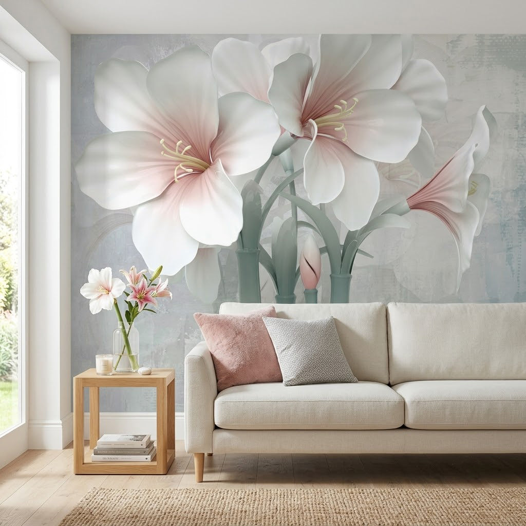 Pembe Beyaz Lily Çiçekleri Duvar Kağıdı – Gri Fon
