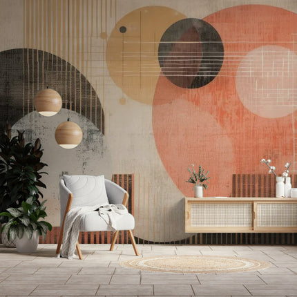 Retro Minimalist Vintage Geometrik Daireler Duvar Kağıdı – Turuncu Siyah Fon