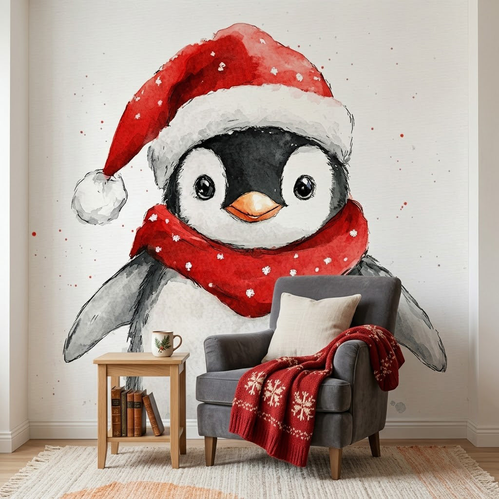 Suluboya Sevimli Penguen Noel Şapkası Duvar Kağıdı