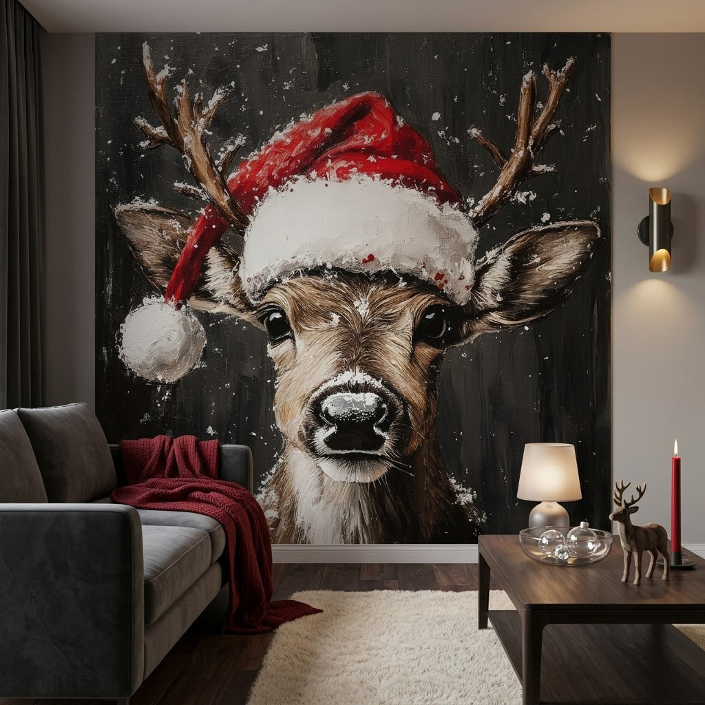 Yağlı Boya Tarzı Noel Geyiği Kırmızı Şapka Duvar Kağıdı