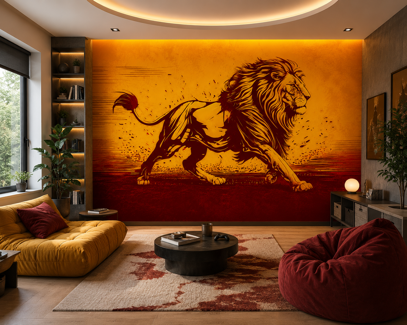 Sarı Kırmızı Aslan Baskılı Duvar Kağıdı Genç Odası Duvar Kağıdı