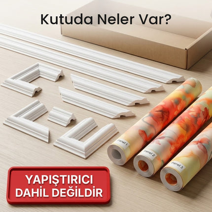 Çıtalı duvar kağıdı seti kutu içeriği: polimer çıtalar ve numaralı duvar kağıdı panelleri – DEKORSANAT