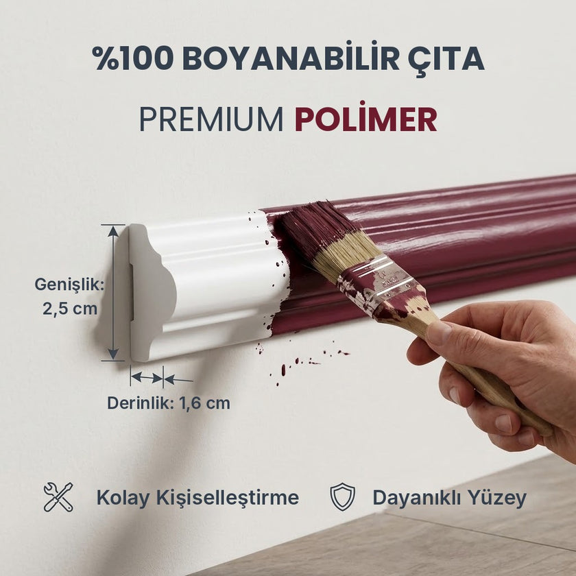 Boyanabilir premium polimer duvar çıtası, 2,5 cm genişlik 1,6 cm derinlik – DEKORSANAT