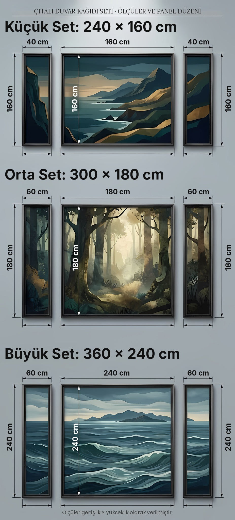 Çıtalı duvar kağıdı seti ölçüleri: 240×160, 300×180 ve 360×240 cm panel düzeni – DEKORSANAT