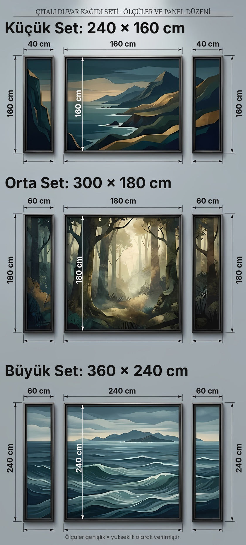 Çıtalı duvar kağıdı seti ölçüleri: 240×160, 300×180 ve 360×240 cm panel düzeni – DEKORSANAT